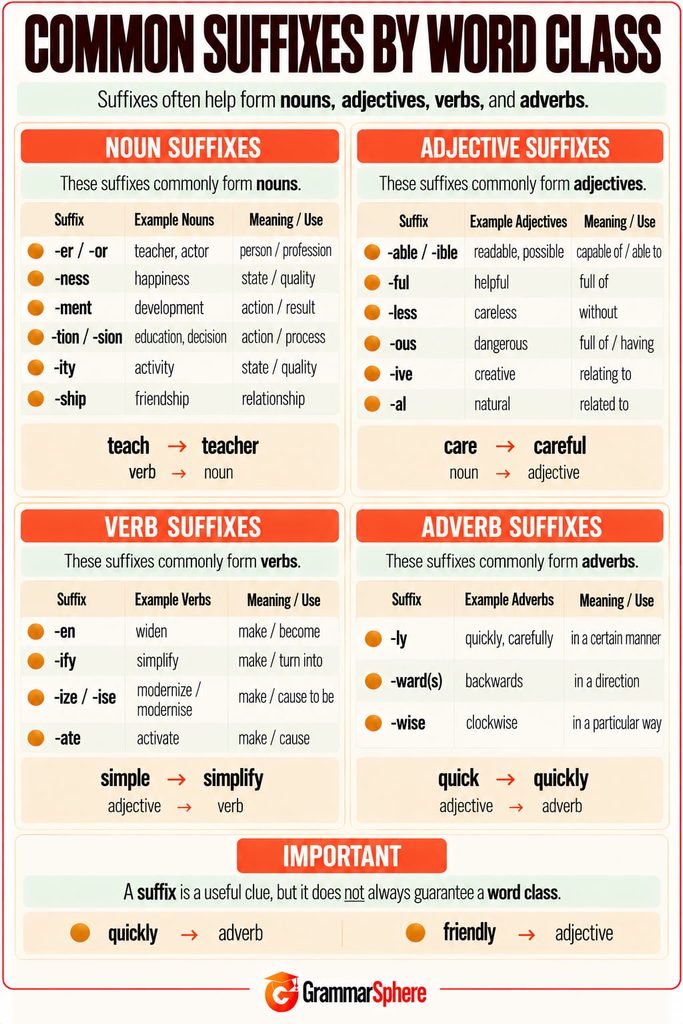 Common suffixes by word class in English with examples.