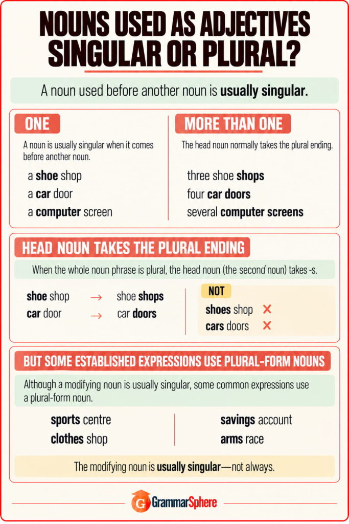Singular and plural nouns used as adjectives with simple examples