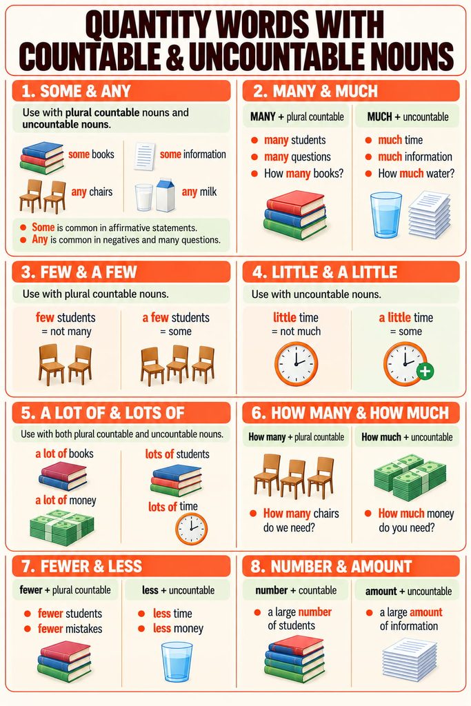 Quantity words for countable and uncountable nouns