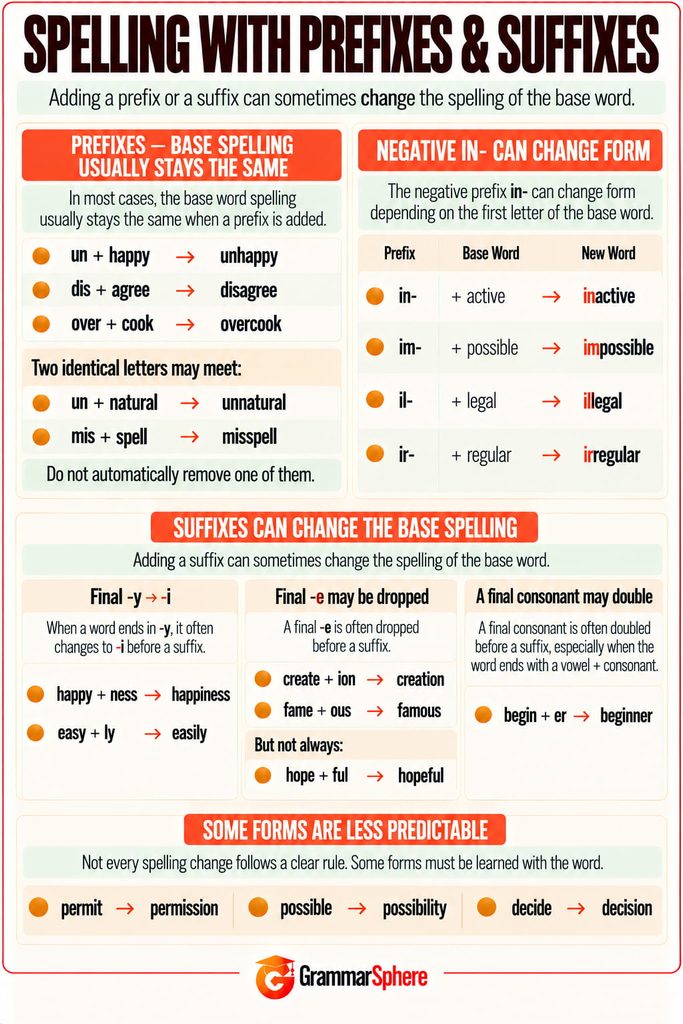 Spelling rules for prefixes and suffixes in English with examples.