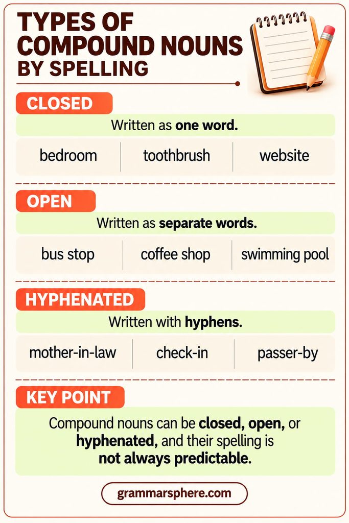 Types of compound nouns by spelling with examples of closed, open, and hyphenated compound nouns