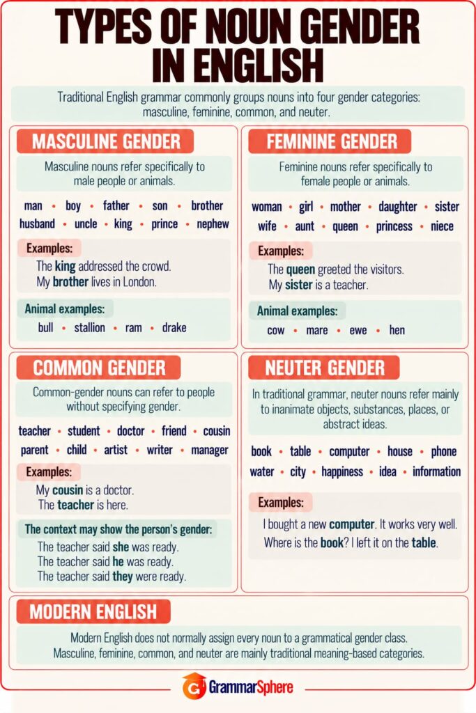 Types of noun gender in English with definitions and examples
