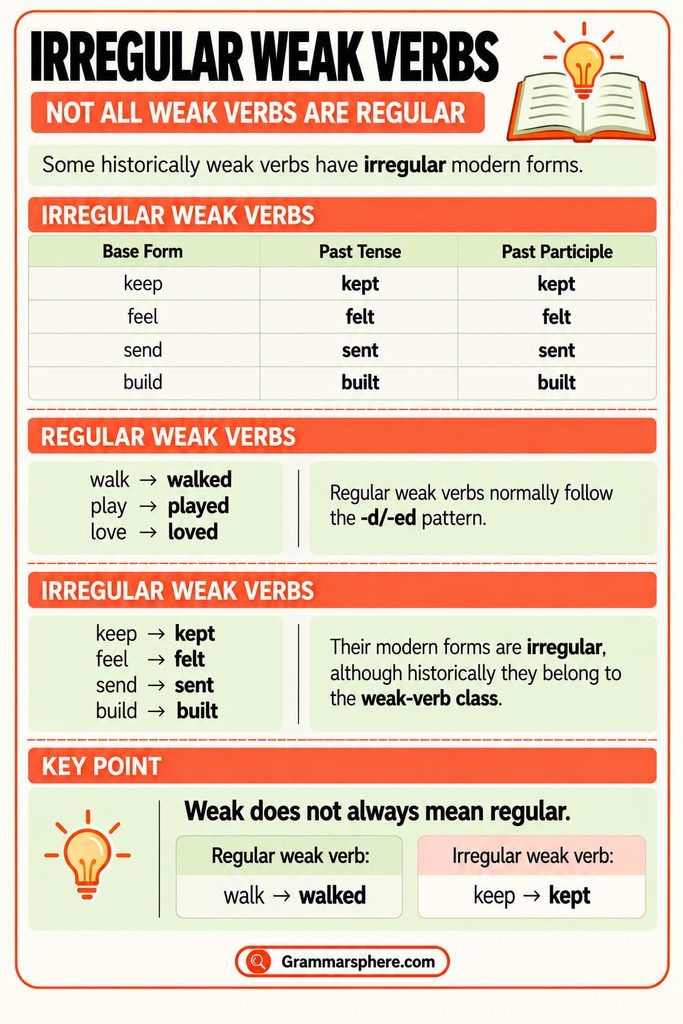 Regular and irregular weak verbs with examples showing that weak verbs are not always regular