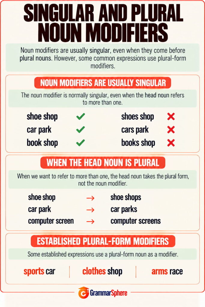 Singular and plural noun modifiers with rules and examples