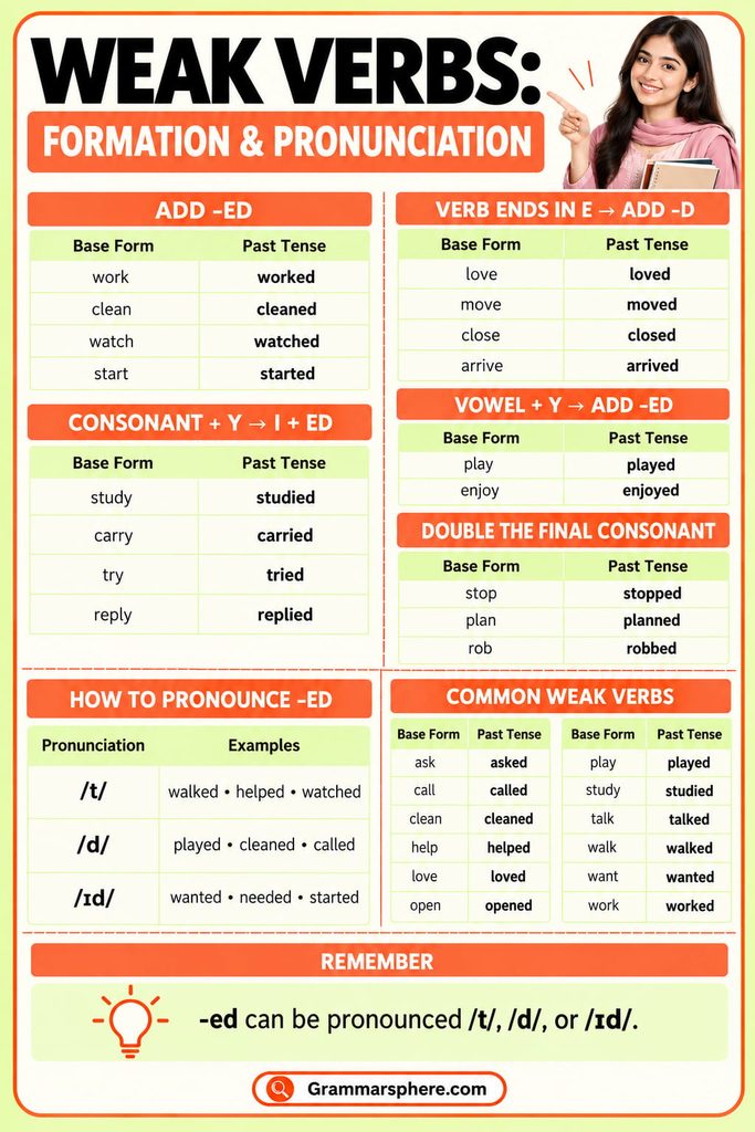 Weak verbs formation rules with consonant and vowel spelling changes, -ed pronunciation, and common examples